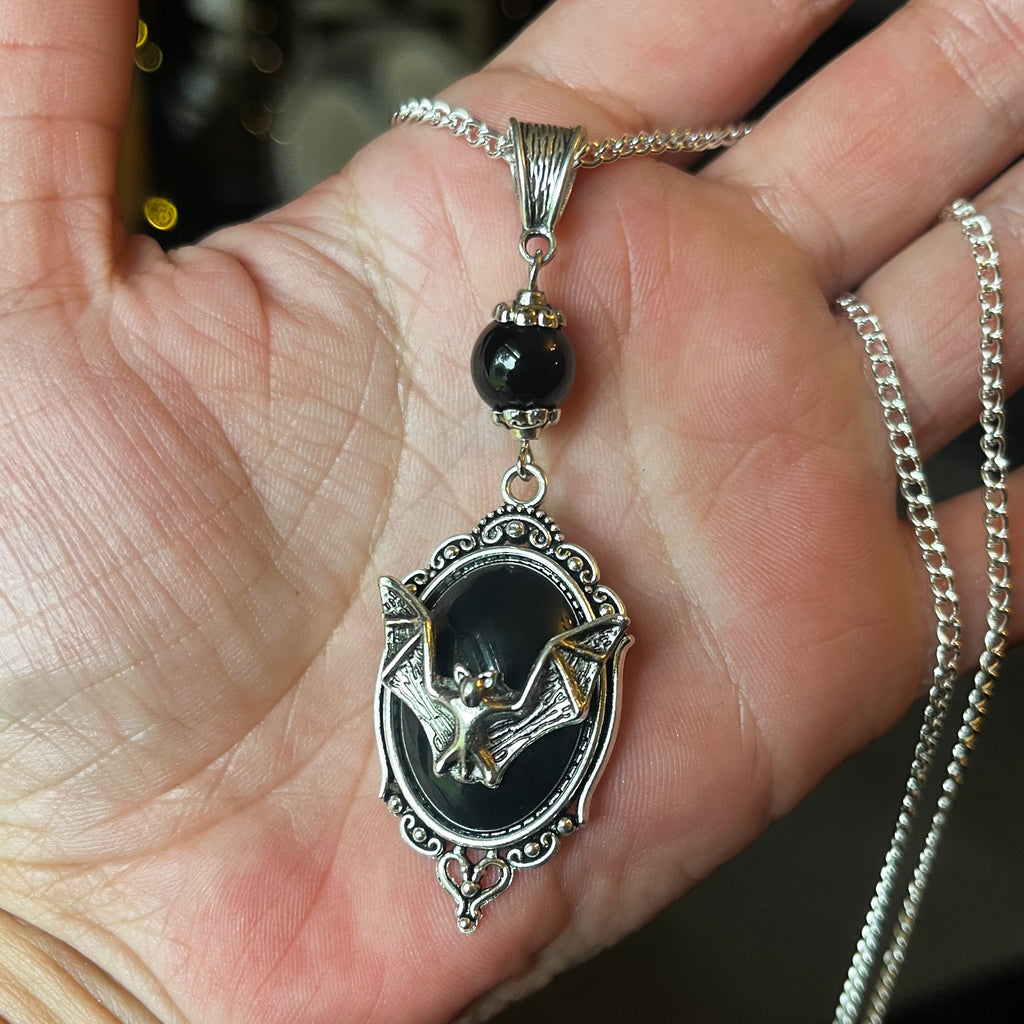 Olivenorma Obsidian Gothic Bat Pendant Necklace Set