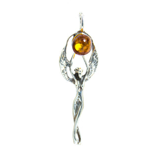 Baltic Cognac Amber Angel Pendant ~ Sterling Silver