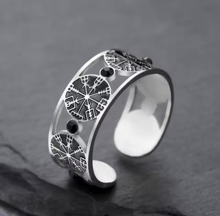 Viking Compass Ring ~ Obsidian & Stainless Steel