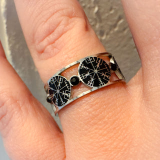 Viking Compass Ring ~ Obsidian & Stainless Steel