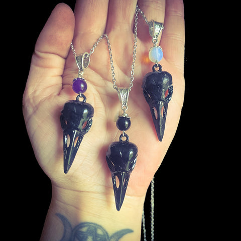 Crystal Raven Skull Necklace