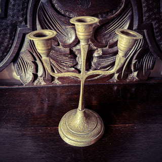 Antique Engraved Brass Three-Arm Candelabrum (16cm Tall) – A Timeless Altar Piece