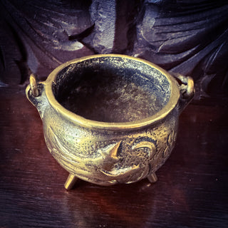 Vintage Brass Mini Cauldron ~ Witch on Broomstick Design