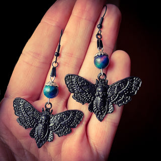Rainbow Tigers Eye Deaths Head Moth Earrings