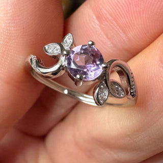 Amethyst & Leaf Sterling Silver Adjustable Ring