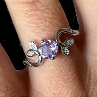 Amethyst & Leaf Sterling Silver Adjustable Ring