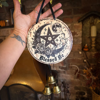 The Moonlit Blessing Bells ~ Blessed Be Wooden Hanging Plaque
