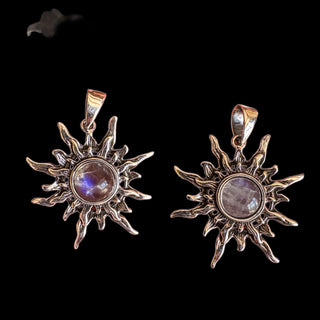 Helios Moon ~ Rainbow Moonstone Sterling Silver Sun Pendant