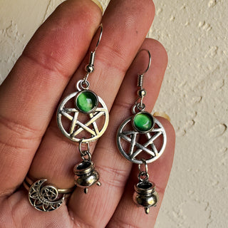 Cats Eye Pentacle Cauldron Earrings
