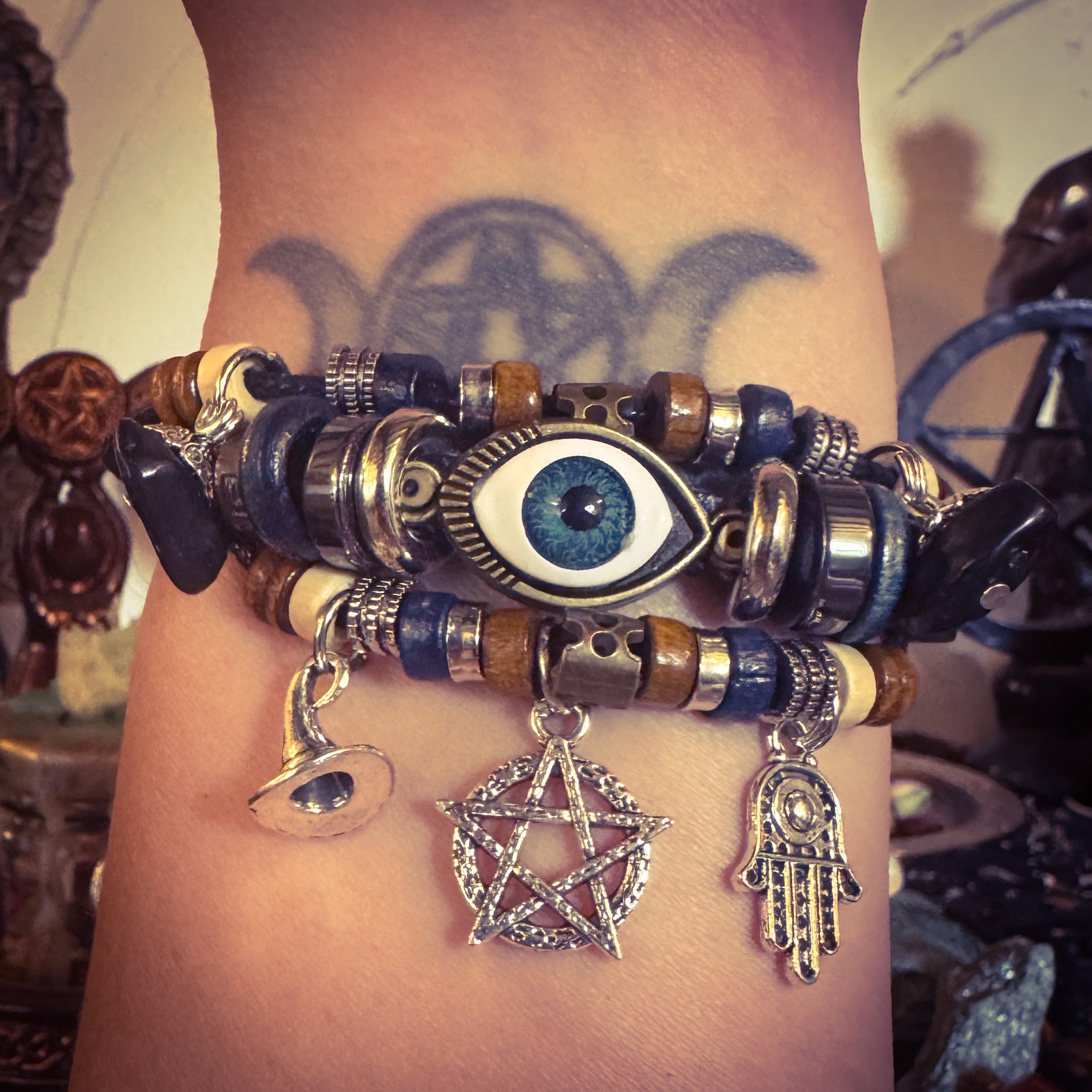 Witch's Watchful Eye Protection Power Leather Charm Bracelet