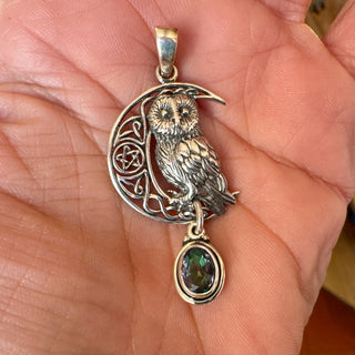 The Moonwatcher ~ Mystic Topaz & Sterling Silver Owl Pendant