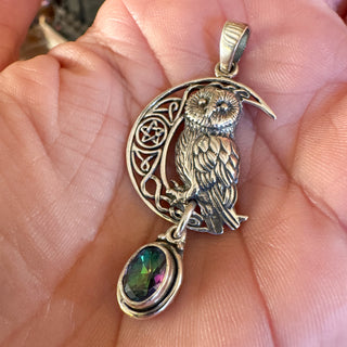 The Moonwatcher ~ Mystic Topaz & Sterling Silver Owl Pendant