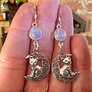The Moonwhisper ~  Rainbow Moonstone & Sterling Silver Cat Earrings