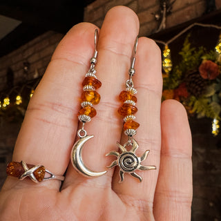 Amber Solstice ~ Baltic Amber Sun & Moon Earrings