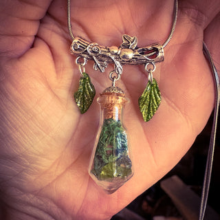 The Green Witch’s Reliquary ~ Peridot & Moss Woodland Spell Bottle Necklace
