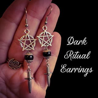 Dark Ritual Earrings ~ Pentacle, Athame & Obsidian