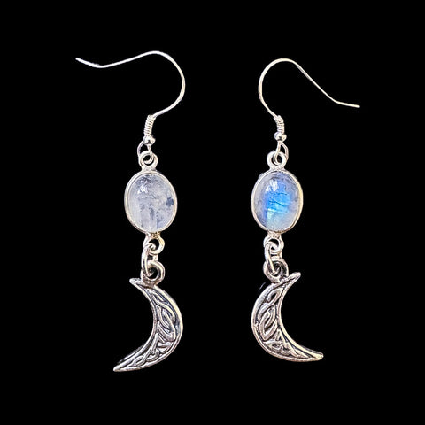Rainbow Moonstone Celtic Moon Earrings