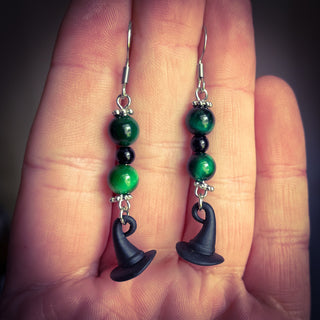Green Tigers Eye & Onyx Witch Earrings