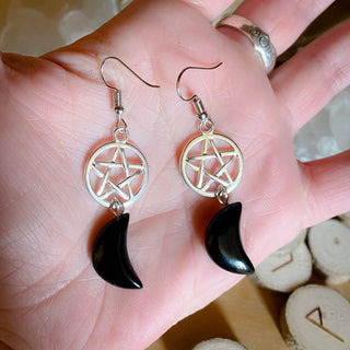 Obsidian Crescent Moon Pentacle Earrings