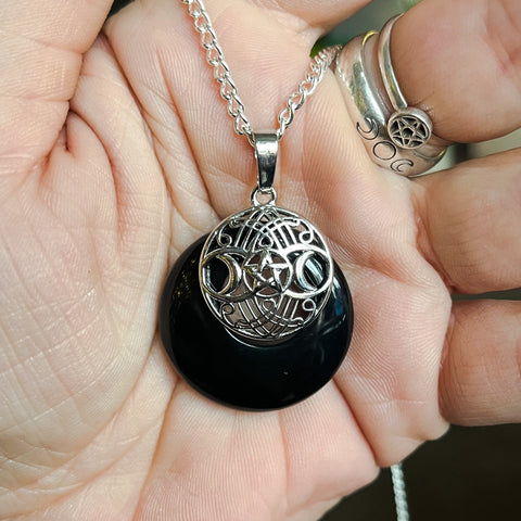 Obsidian Circle Triple Moon Necklace
