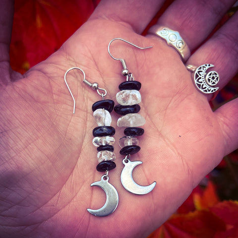 Obsidian & Clear Quartz Crescent Moon Earrings