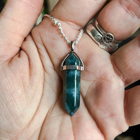 Moss Agate Crystal Point Necklace