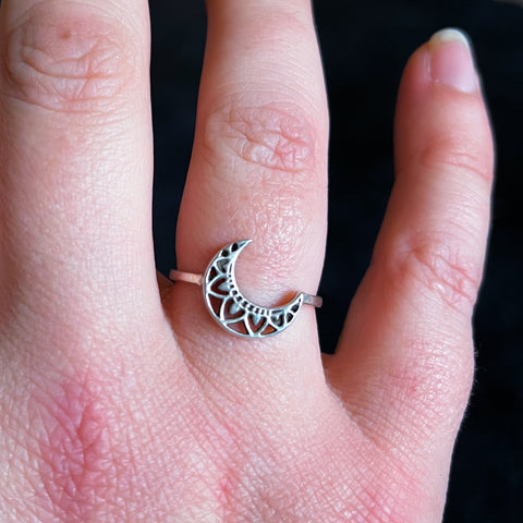 Bohemian Crescent Moon Ring ~ Sterling Silver