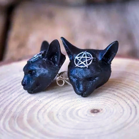 Pentacle Black Cat Earrings