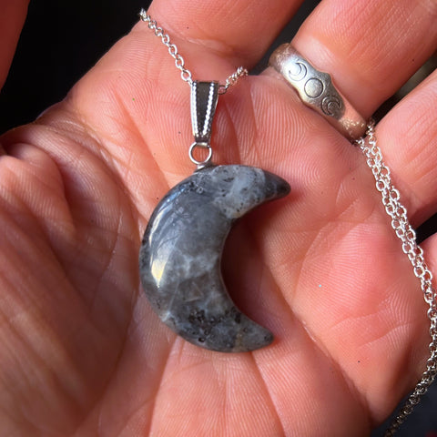Larvikite Crystal Moon Necklace ~ Large Size