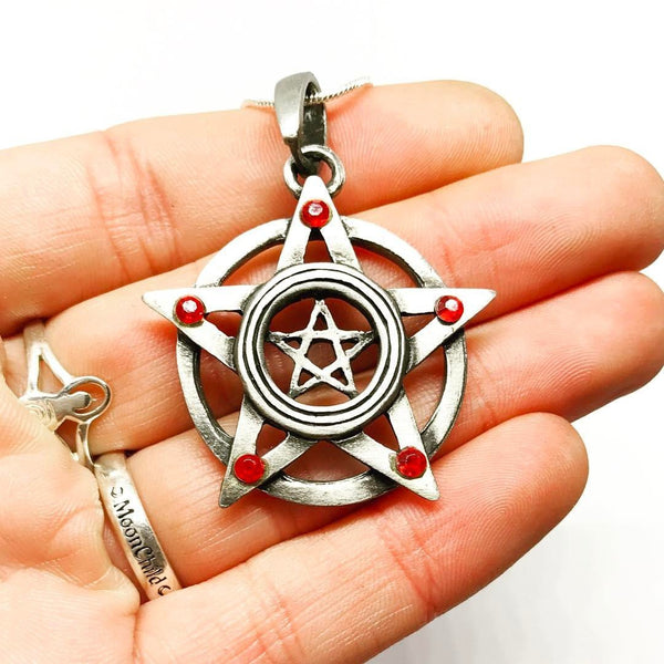 Jewellery,Witch & Spell Craft Fire Pentacle Necklace ~ Pewter