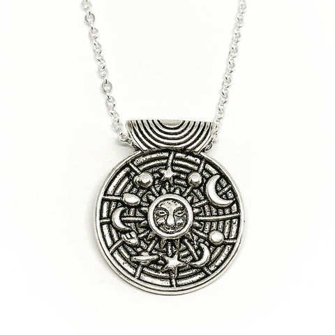 Jewellery,Witch & Spell Craft Silver Plated snake Chain Sun Wheel Necklace