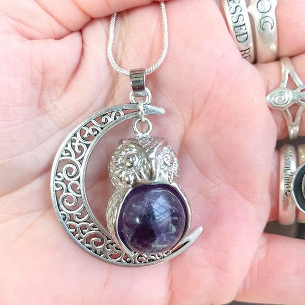 Witch & Spell Craft,Jewellery,Home & Outdoor Decoration Amethyst / Silver Plated Snake Chain Luna Crystal Owl  Necklace