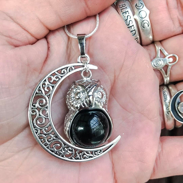 Witch & Spell Craft,Jewellery,Home & Outdoor Decoration Black Onyx / Silver Plated Snake Chain Luna Crystal Owl  Necklace
