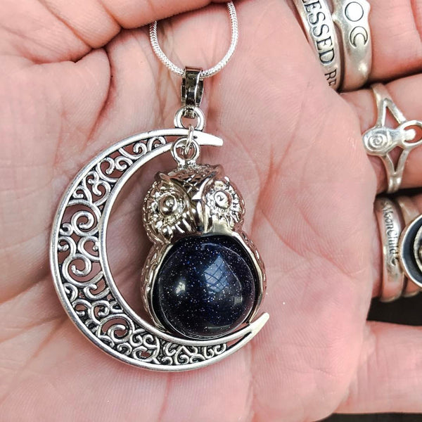Witch & Spell Craft,Jewellery,Home & Outdoor Decoration Blue Gold Stone / Silver Plated Snake Chain Luna Crystal Owl  Necklace
