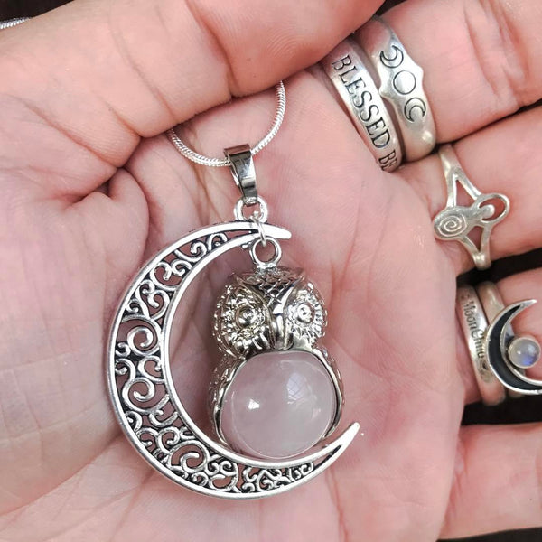 Witch & Spell Craft,Jewellery,Home & Outdoor Decoration Rose Quartz / Silver Plated Snake Chain Luna Crystal Owl  Necklace
