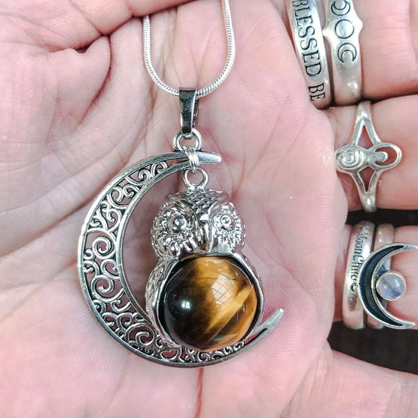 Witch & Spell Craft,Jewellery,Home & Outdoor Decoration Tigers Eye / Silver Plated Snake Chain Luna Crystal Owl  Necklace